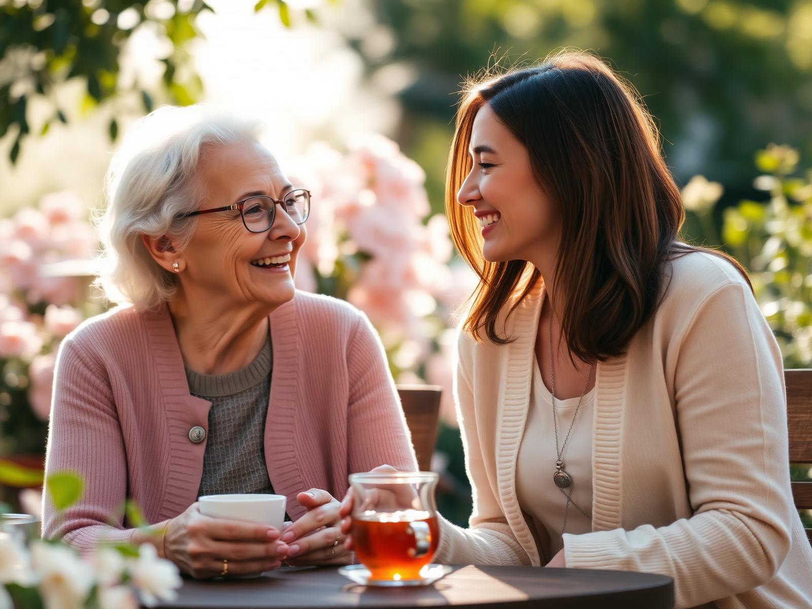A carer sharing tea and conversation with an older woman in a sunny garden